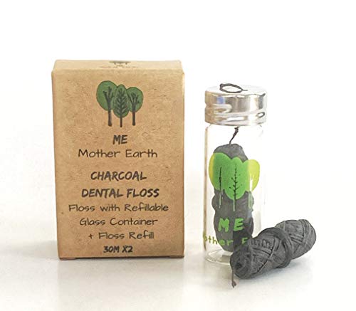 Vegan Biodegradable Bamboo Charcoal Dental Floss with Refillable Glass Container and Dental Floss Refill, 30M x4 | Peppermint Essential Oil | Eco Friendly | Zero Waste Oral Care