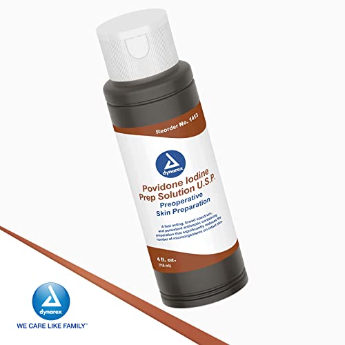 Dynarex Povidone-Iodine Prep Solution, Antiseptic Solution for Skin and Mucosa, Ideal for Surgical Site Preparation, Contains Povidone Iodine 10%, 4 fl. oz., 1 Bottle Unflavored 4 Fl Oz (Pack of 1)