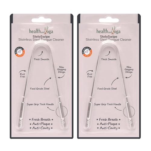 HealthAndYoga™ SteloSwipe Tongue Cleaner Scraper - Sterilizable Surgical Steel Tongue Brush (Set of 2) Plus qLoop Copper Tongue Cleaner (Set of 2)