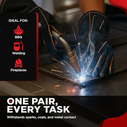 The Bincho Grill Fire Heat Resistant Gloves – 14 Inch 932°F Fireproof Leather Fireplace & BBQ Gloves for Grill, Oven, Wood Stove, Campfire, Welding (MIG/TIG) - Heavy-Duty