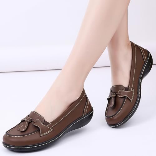 Maichal Loafers for Women Slip On Comfort Leather Dressy Shoes with Tassel 8 Brown