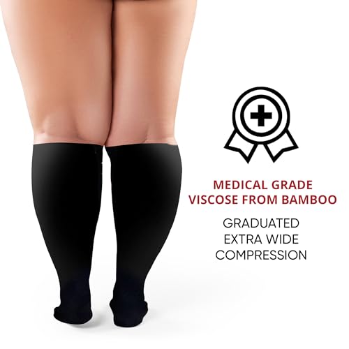BAMS Plus Size Calf Compression Sleeve for Women & Men, Viscose from Bamboo Extra Wide Leg Support for Shin Splints, Leg Pain Relief and Support, Swelling, Travel (Calf Black, XXL) XX-Large