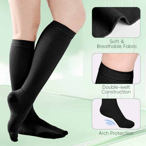 2 Pairs 20-30mmHg Knee High Compression Socks for Women,Closed Toe X-Large Black