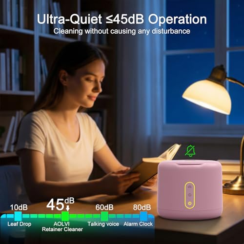 Ultrasonic Retainer Cleaner Machine, IPX6 Waterproof Denture Cleaner, 3 Modes Dental Cleaning Pod with RGB Indicator, 45kHz UV for Mouth Guards, 200ML Tank, Light Pink