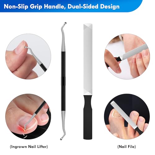 Ingrown Toenail Tools Kit, Wide Jaw Straight Clippers for Thick Nails Black Precision Trim Kit