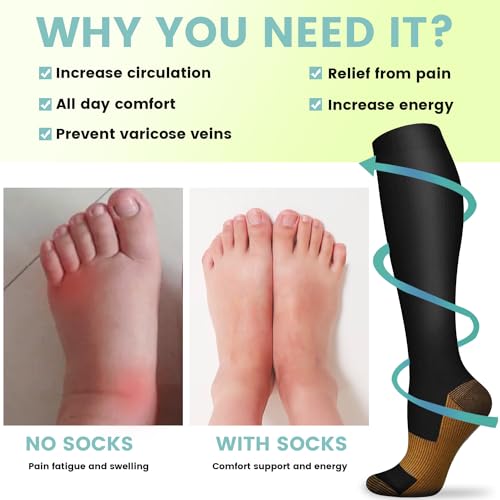 Copper Compression Socks 15-20 mmHg for Men & Women 8 Pairs – Circulation Support for Nurses, Travel, Running, Hiking, Soccer A00- Black Large-X-Large