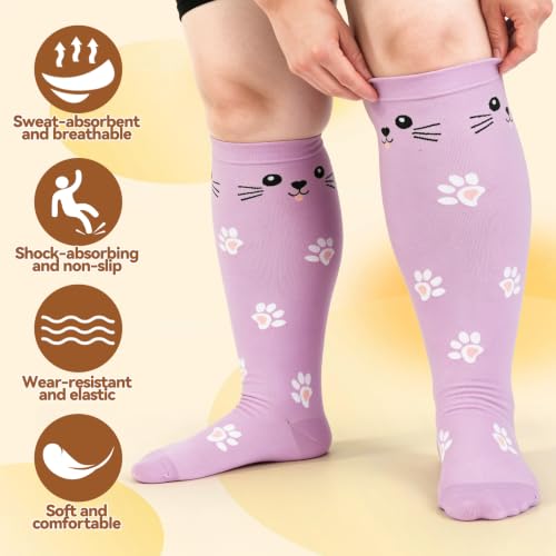 Jspupifip 6 Pairs Plus Size Compression Socks for Women, Wide Calf 4X-Large Black, Gray, Blue, Purple, Pink, Khaki