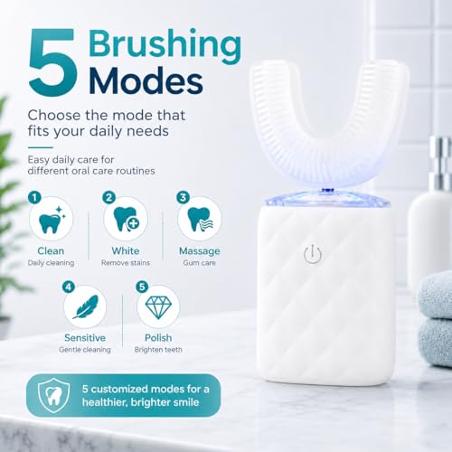 U Shaped Electric Toothbrush for Adults - Ultrasonic Automatic 360° Mouth Cleaning Toothbrush with 5 Modes, IPX7 Waterproof, Rechargeable Sonic Full Mouth Electric Toothbrush (White)