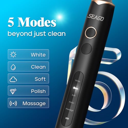 SEAGO Rotating Electric Toothbrush with 8 Round Brush Heads, with 5 Cleaning Modes, Sonic Technology Whitening Teeth in 14 Days, for Adult and Kids，SG-2603 (Black) Black