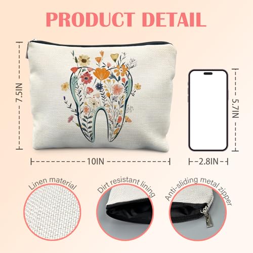 Dentist Gifts Makeup Bag for Women, Dental Assistant Hygienist Gifts Cosmetic Bag for Purse, Floral Tooth Dental Makeup Zipper Pouch