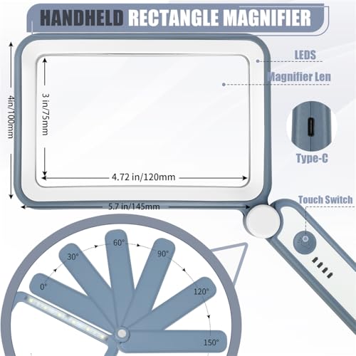 Magnifying Glass for Reading, Rechargeable 5X Large Page Magnifier with Light, Folding Handheld Dimmable Rectangle Lighted Magnifier for Reading Book Small Print for Seniors Low Vision, Blue White 5X/500%