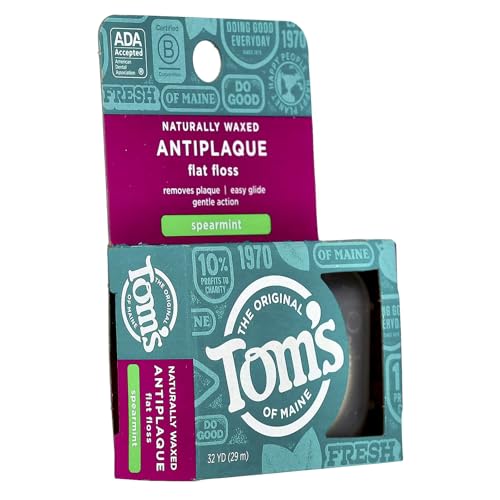 Tom's of Maine Naturally Waxed Antiplaque Flat Dental Floss, Spearmint, 32 Yards 6-Pack (Packaging May Vary)