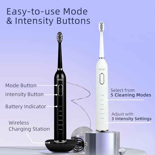 CWX Sonic Rechargeable Electric Toothbrush, Cordless with Fast Wireless Charging, 5 Cleaning Modes & 3 Intensity, 60-Day Battery Life, 4 Brush Heads, Travel Case, IPX7 Waterproof White
