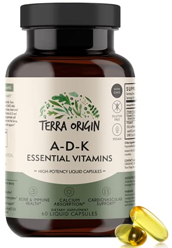 TERRA ORIGIN ADK Essential Vitamin Supplement | 60 Liquid Capsules | High Potency Vitamin A, D 5000 IU, K1 and K2 | Non GMO, Gluten Free, Vegan, Made in USA