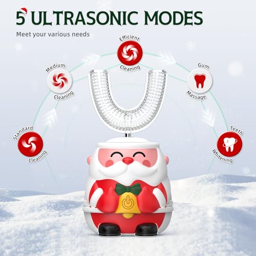 Kids U-Shaped Electric Toothbrush with 4 Brush Heads, Sonic Toothbrush Kids with 5 Modes & 60s Timer, Cartoon Santa Claus 360-Degree Cleaning, IP64 Waterproof & Dustproof (Ages 2-6)