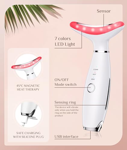 Dopsikn 7 Color Galvanic Machines - Red Light Therapy for Face and Neck, Face Massager Tool for Wrinkles, Double Chin, Vibrating Facial Massager with Thermals, White