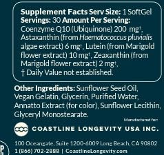 Daily Essential CoQ10 Vegan Softgels with Astaxanthin, Lutein, Zeaxanthin and 200mg CoQ10, 30 Count