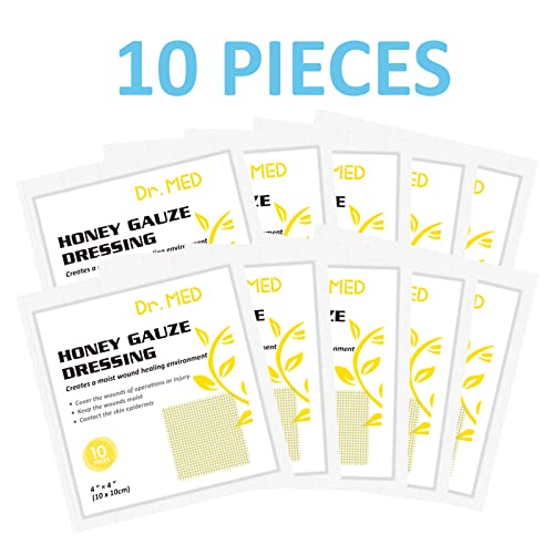 Dr. Med Honey Gauze Dressing 4" x 4", 10 Pcs/Box Honey Medical Bandage Tulle Mesh Patch for Minor Abrasions, Cuts, Lacerations, Scald and Burns for Wound Healing, Chemical and Drug Free Manuka Honey Gauze 4" x 4" - 10 Pcs/Box
