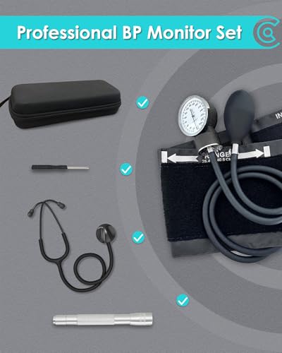 Single Head Stethoscope & Manual Blood Pressure Cuff Set for Nurses Black With Premium Stethoscope Kit
