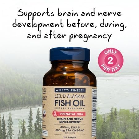 Wiley's Finest Wild Alaskan Fish Oil Prenatal DHA, 120 Count (Pack of 1) | Prenatal Softgels, 300 mg EPA and 600 mg DHA, Supports Brain and Nerve Development - For Pregnant Women and Nursing Mothers 120 Count (Pack of 1)