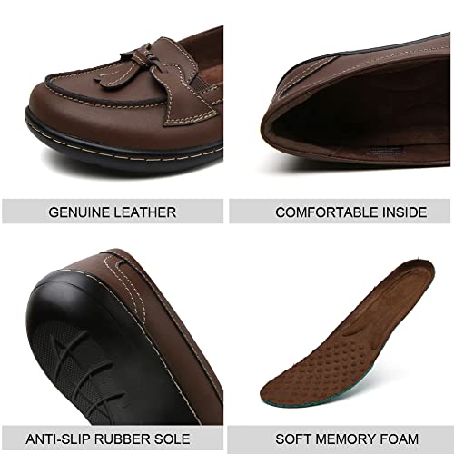 Maichal Loafers for Women Slip On Comfort Leather Dressy Shoes with Tassel 8 Brown