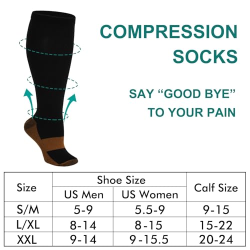 7 Pairs Copper Compression Socks for Men Women 20-30 mmHg Knee High Socks Large-X-Large Black