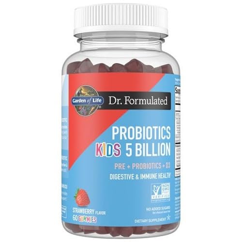 Garden of Life Dr Formulated 5 Billion CFU Prebiotic Fiber, Probiotic and Vitamin D3 Gummies for Kids Digestive & Immune Health – Gluten Free, Non GMO, No Added Sugars, Strawberry Flavor, 60 Gummies 60 Count (Pack of 1)