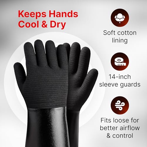 BBQ Gloves - Waterproof and Extreme Heat Resistant up to 932°F - Food-Grade Neoprene Rubber Mitts for Cooking, Grill, Grilling, Oven, Baking, Fire Pit - Non-Slip Grip, Cotton Lining and 14” Sleeve Medium