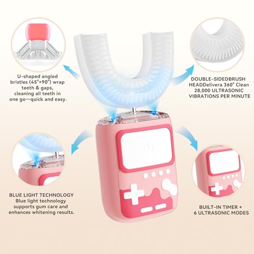 Adult Ultrasonic Electric Toothbrush, u Shaped autobrush Toothbrush Game Console - Pink