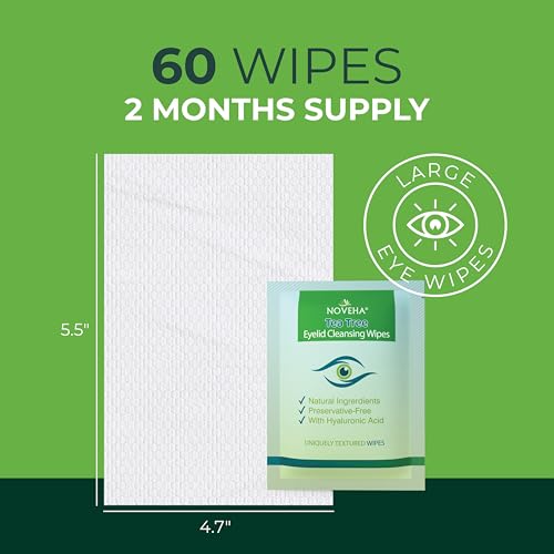 NOVEHA 60PCs Tea Tree Oil Eyelid & Lash Wipes | With Hyaluronic Acid, Green Tea & Chamomile For Blepharitis, Itchy & Stye Eyes, Individually Wrapped, Natural Eyelash Makeup Remover & Daily Cleanser 60 Count (Pack of 1)