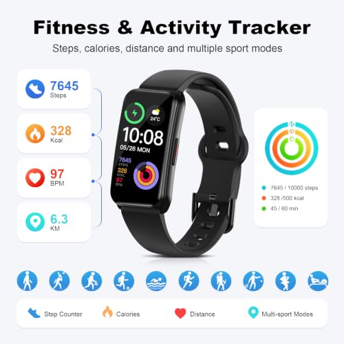 Choiknbo Fitness Tracker Watch with 24/7 Heart Rate, Blood Oxygen, Sleep Monitor, Activity Trackers with Step Counter Calorie Pedometer Watch for Women Men, IP68 Waterproof Black