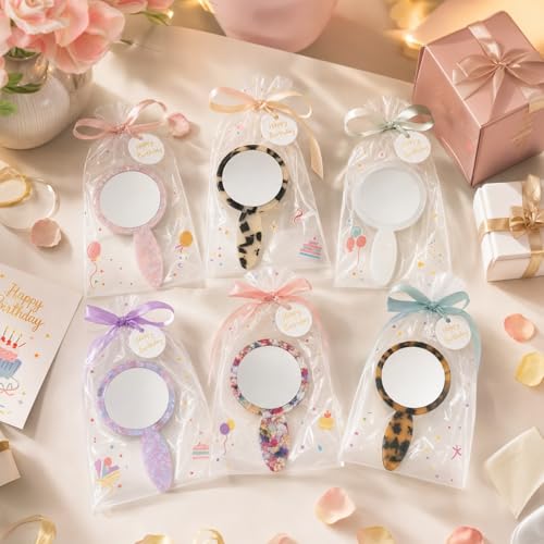 RattanView 6 Pcs Tortoise Shell Small Handheld Hand Mirror Compact Travel Makeup Mirror Personal Portable Vanity Glass for Travel Makeup Camping Daily Gifts
