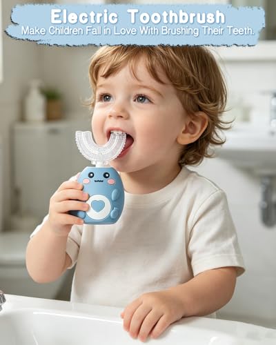 Kids Electric U Shaped Toothbrush for Ages 2-12, Sonic 360º Cleaning Toothbrush with 4 Brush Heads, 3 Modes, 50s Timer, IPX7 Waterproof, Cartoon Dinosaur Design, Gift for Boys & Girls (Blue) Blue