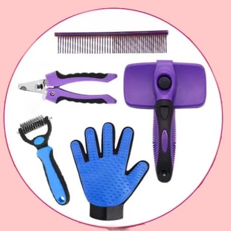 Pet Grooming Kit, 5-Piece Set, Purple and Blue, Includes Self-Cleaning Slicker Brush, Nail Clippers, Grooming Glove, Dematting Comb, Steel Comb - BeesActive Australia