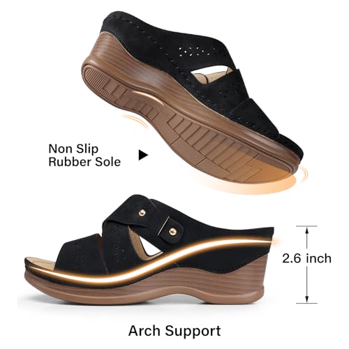 TEMOFON Wedge Sandals Women Summer: Comfortable Platform Slip on Sandals 7.5 17 Black