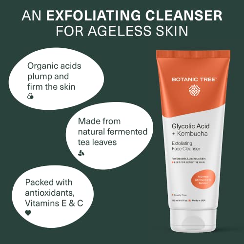 Botanic Tree Kombucha & Glycolic Acid Exfoliating Face Wash for Aging Skin - Face Cleanser for Women - Kombucha Lipofilling Effects and Skin Healthy Probiotics and Antioxidants Aging - 6fl Oz