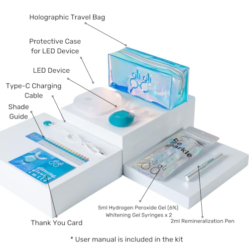 Super Sparkle Booster Teeth Whitening Kit - 2 x 5ml Hydrogen Peroxide 6% Whitening Gel Syringes - Includes Rechargeable LED Whitening Device & Remineralization Pen - 10 to 15 Days Treatment