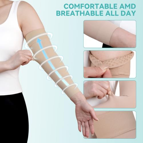 20-30 mmHg Compression Lymphedema Arm Sleeves for Women (Single） Beige Large