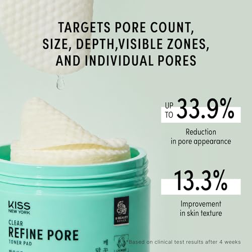 KISS NEW YORK Clear Refine Pore Toner Pads, Dual-Textured Facial Pore Pad Gently Exfoliates & Deeply Hydrates with AHA BHA Panthenol & Allantoin, Korean Skincare Soothes Sensitive Skin, 70 Count