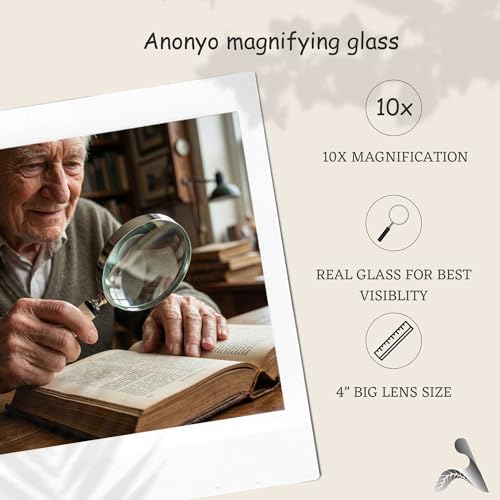 10X Magnifying Glass Lens with Nickle Finish & Carved White Resin Handle – Large Handheld Magnifying Glass for Reading, Vintage, Big Magnifying Reader (White)