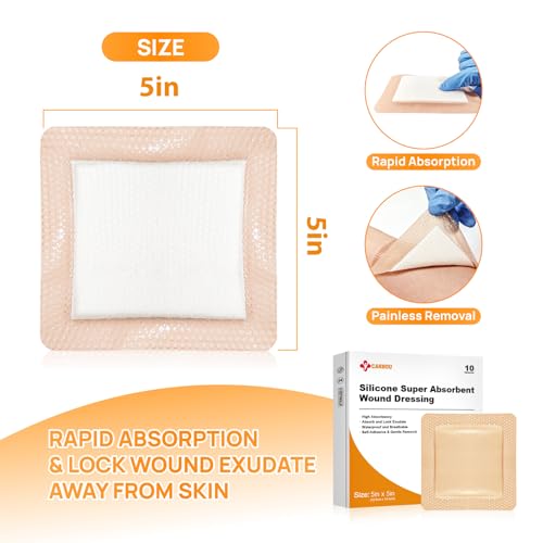 Carbou Silicone Super Absorbent Wound Dressing 5" x 5", 10 Individual Pack 5"x5"
