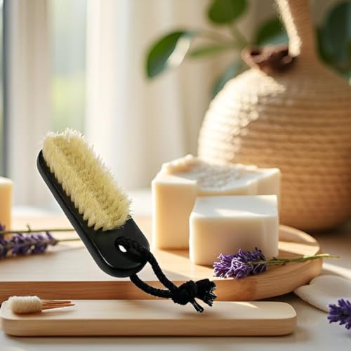 NewFerU Wooden Nail Brush Cleaner Black with 100% Natural Boar Bristles Black With Rope