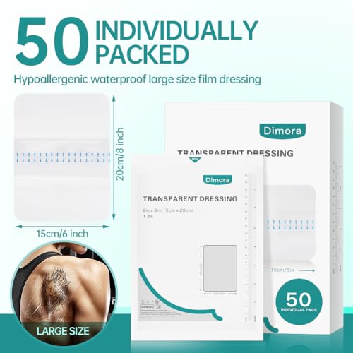 Dimora Waterproof Transparent Film Dressing, Large Clear Wound Bandages 6x8 inch 50 Pack, Post Surgical Skin Protector, Adhesive Medical Pad for Swimming,Showering,Tattoo Aftercare,IV Fixing 6"x 8"(50 PCS)