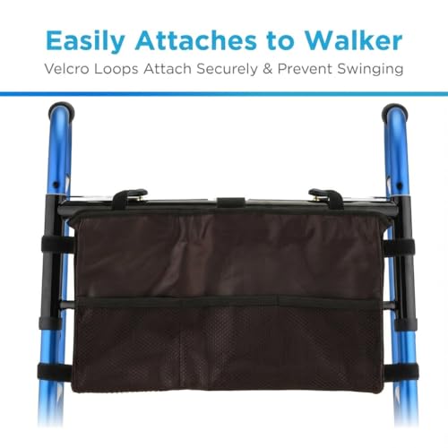 NOVA Walker Bag Organizer with Zippered Pouch and Pockets - Universal Fit for Folding and Bariatric Walkers - Lightweight Water-Resistant Walker Accessory for Seniors and Adults - Black