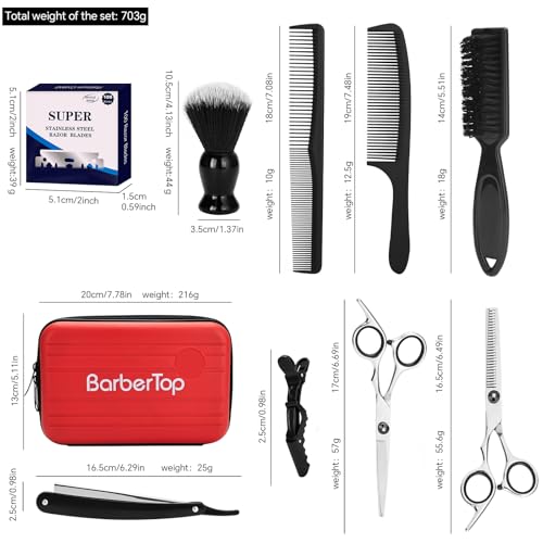 Professional Hair Cutting Scissors Shears Kits, 10 pcs Hair Cutting Kit Includes Barber Bag, Thinning Scissors, Combs, Razor Blades, Neck Duster, Clips for Salon & Home/Men/Women/Kids Red