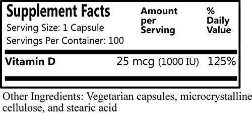 Daily Manufacturing Vitamin D3 1000 IU (25 mcg) – Non‑GMO, Gluten‑Free, Kosher, Vegetarian Capsules – Supports Bone, Immune & General Wellness - 100 Count