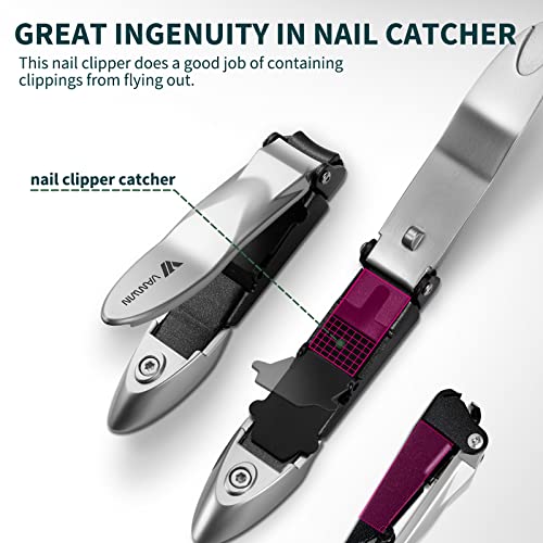 Nail Clippers with Catcher, No Splash Fingernail Toenail Clippers with Sharp Curved Blade and Glass Nail File, Wide Jaw Opening Stainless Steel Nail Cutter Trimmer for Seniors Adult Men Women Silver