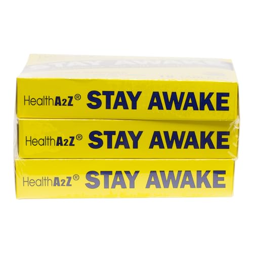 HealthA2Z® Stay Awake, Caffeine 200mg, Maximum Strength Alertness Aid, 48 Tablets (Pack of 3, 16 Tablets Each) 16 Count (Pack of 3)