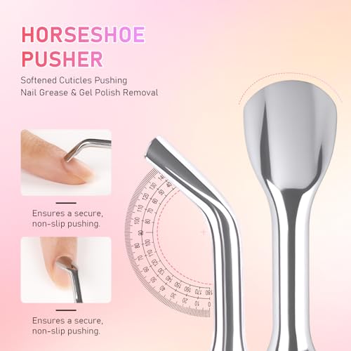 4-in-1 Cuticle Pusher Remover and Cutter, Professional Stainless Steel Pre-treatment Cuticle Pusher, Spoon Shaped Nail Cleaner, Cuticle Pusher with 100#/180# Grit Sandpaper Sheets for Manicure