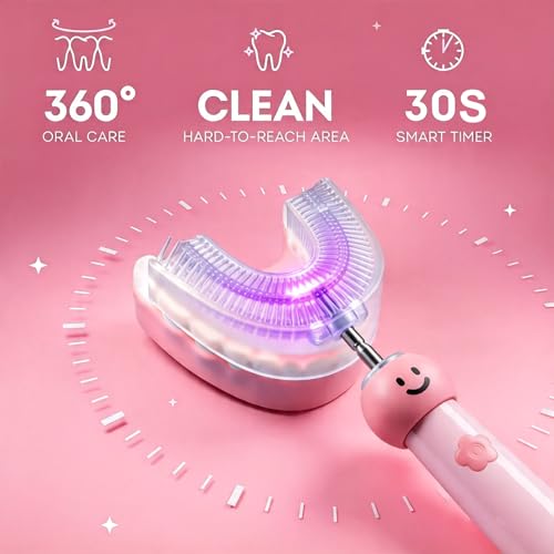Kids U-Shaped Electric Toothbrush with 6 Brush Heads, Automatic 360° Sonic Cleaning, 3 Modes, IPX7 Waterproof, Cute Cartoon Design, Ages 6-12 (Pink) Pink